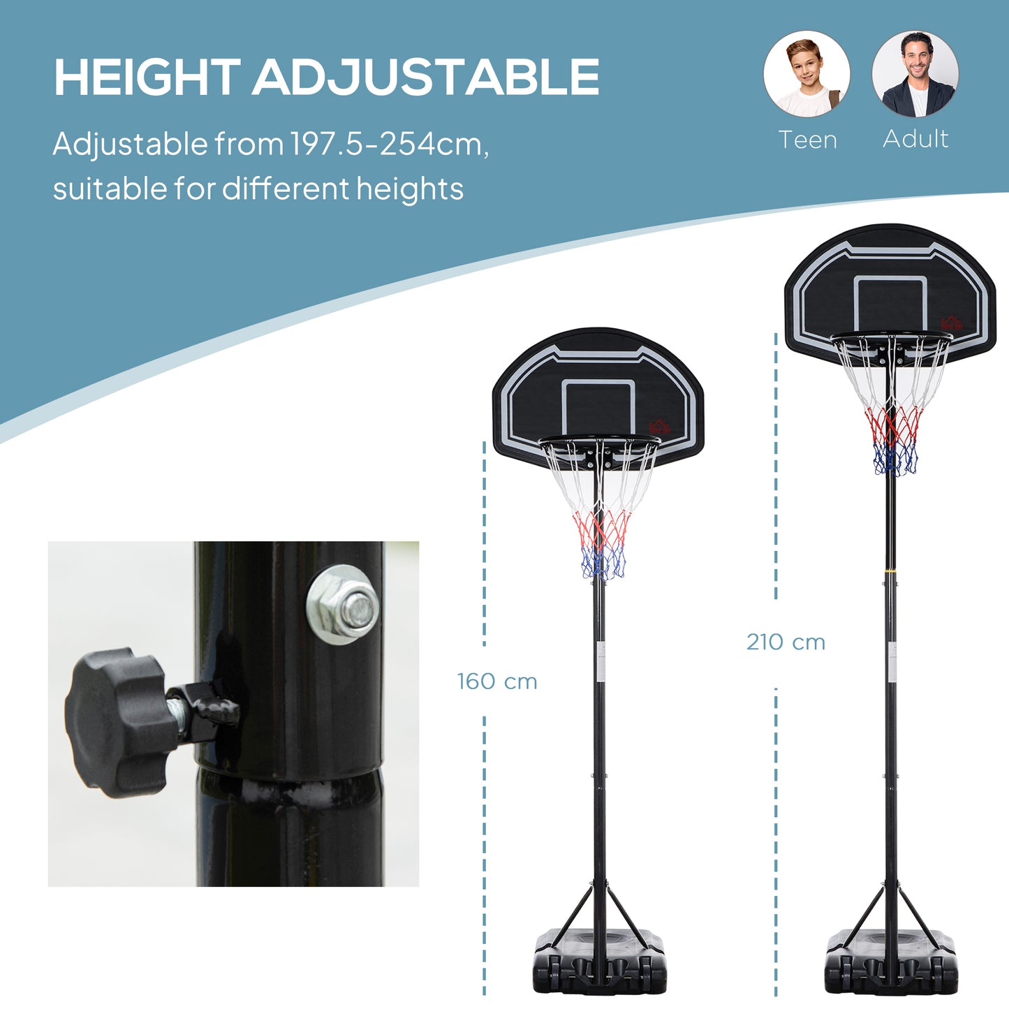 Adjustable Basketball Hoop and Stand W/ Wheels and Weight Base 1.6-2.1M
