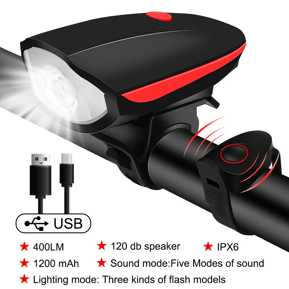 Bicycle Front Light with Electric Loud Horn Waterproof Bike Headlight USB Rechargeable Cycling Flashlight Bike Accessories