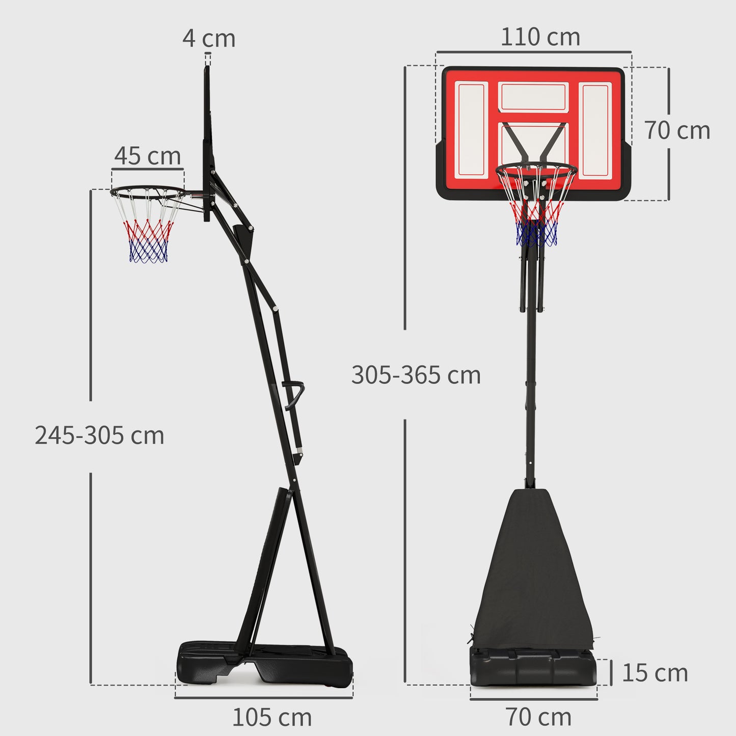 2.45-3.05M Basketball Hoop Outdoor with Rebound System and Wheels