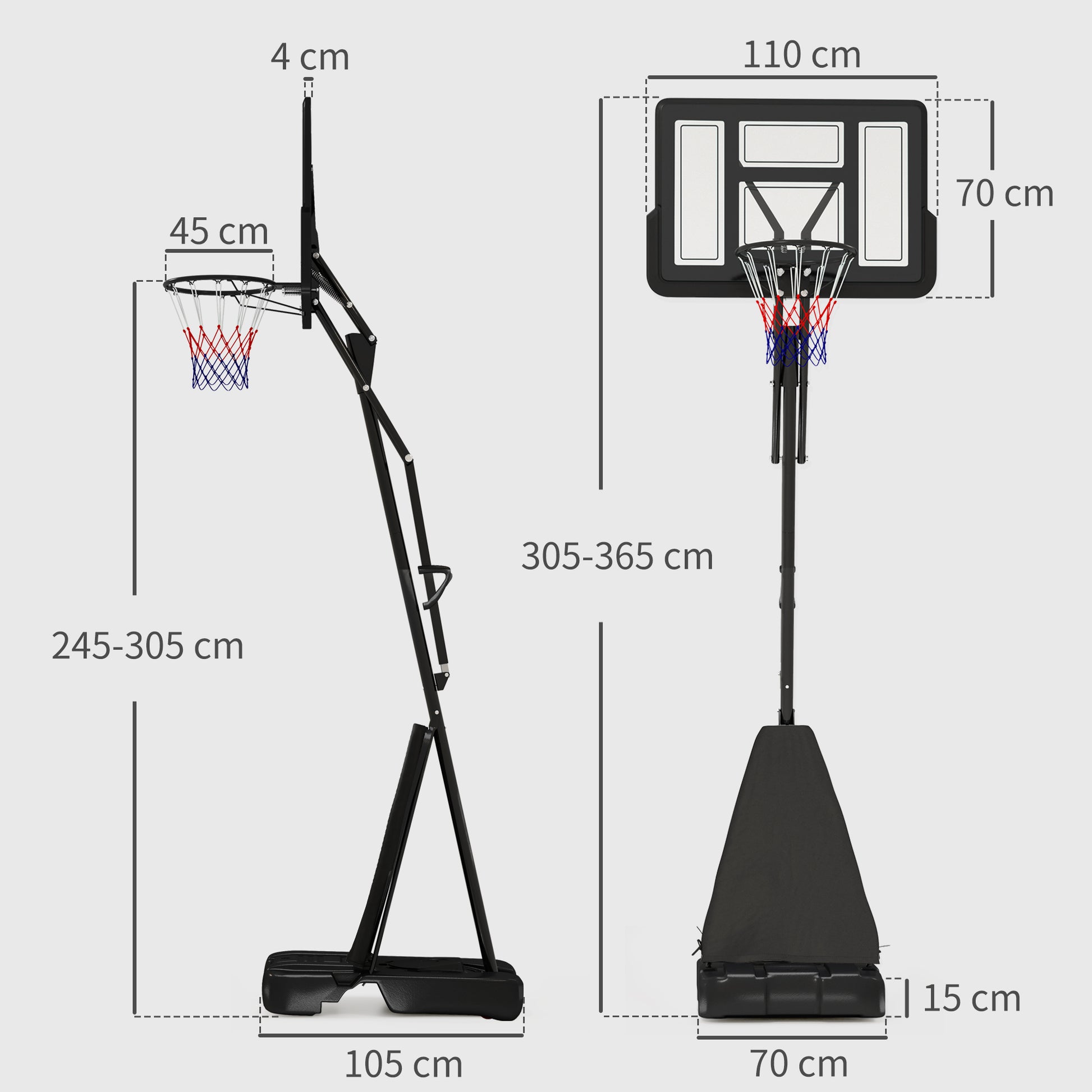 2.45-3.05M Basketball Hoop Outdoor with Rebound System and Wheels