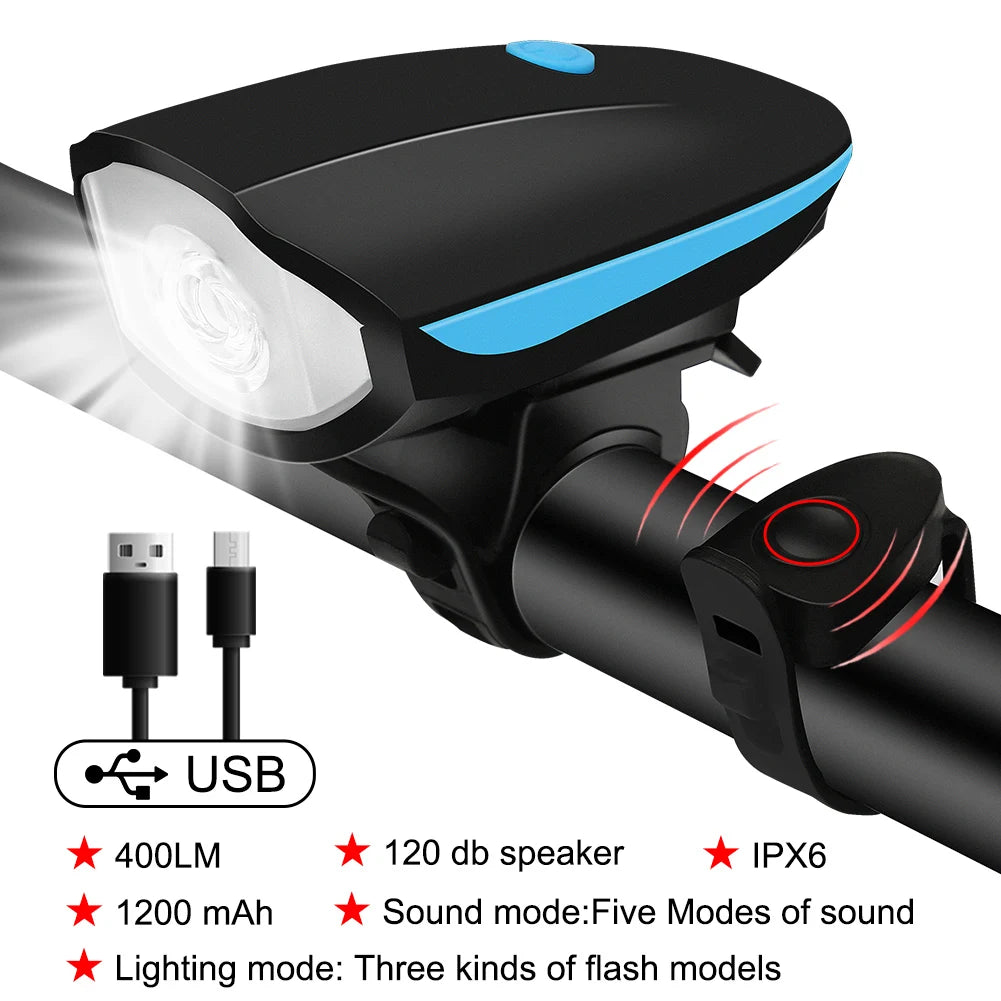 Bicycle Front Light with Electric Loud Horn Waterproof Bike Headlight USB Rechargeable Cycling Flashlight Bike Accessories