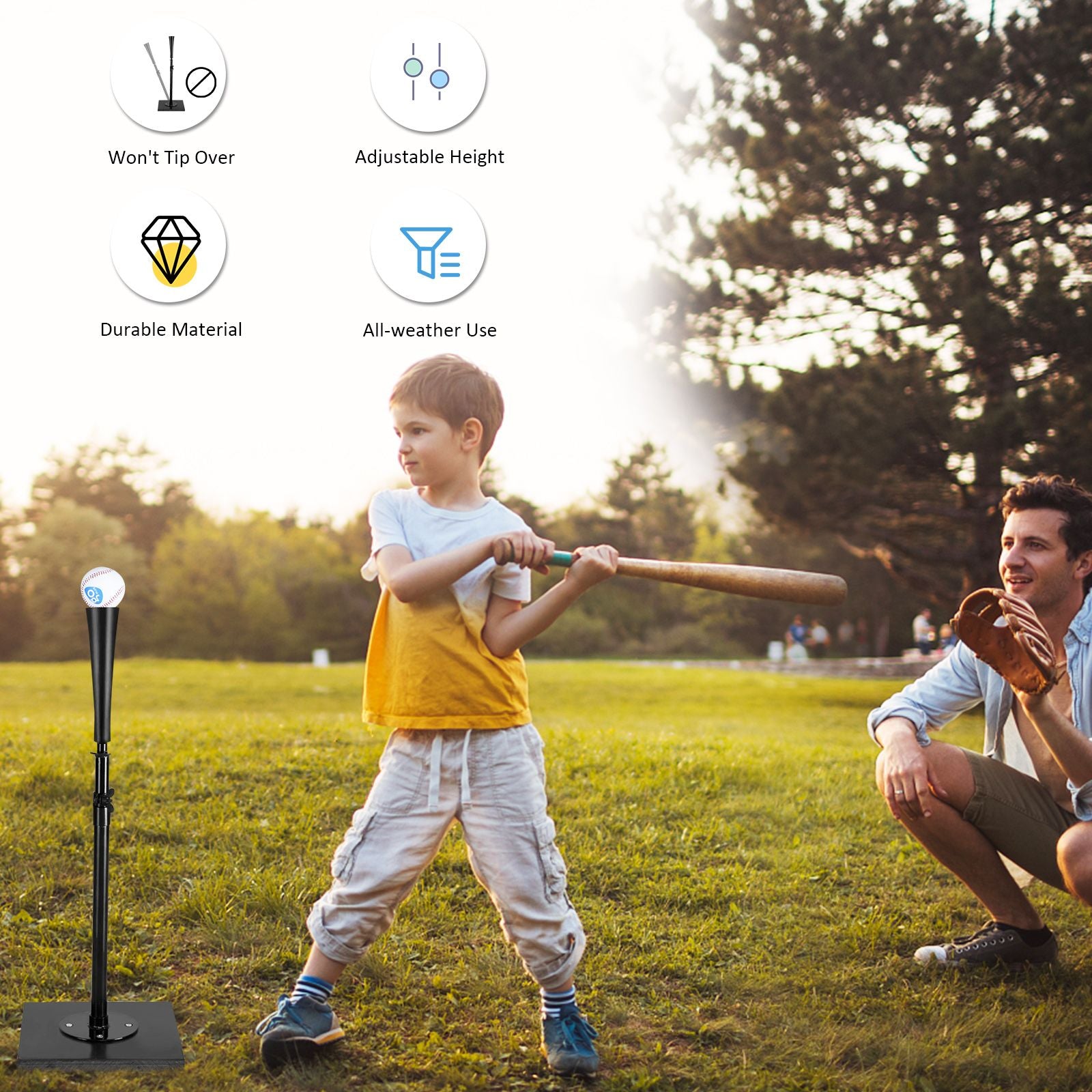 63-91CM Baseball Batting Tee with Stable Base and Rubber Topper